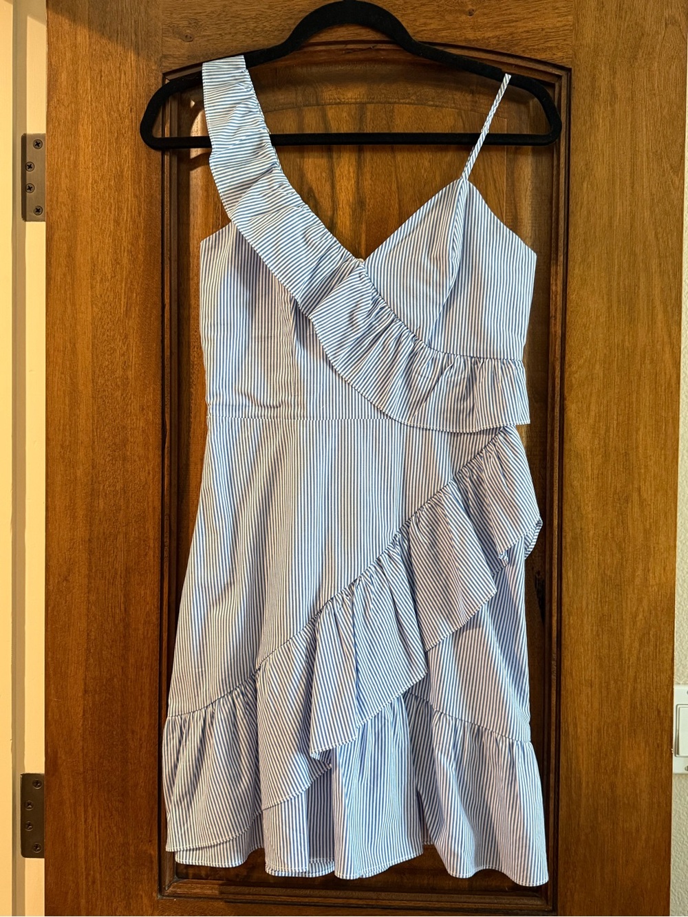 Parker Blue and White Striped Dress with One-Shoulder Ruffle